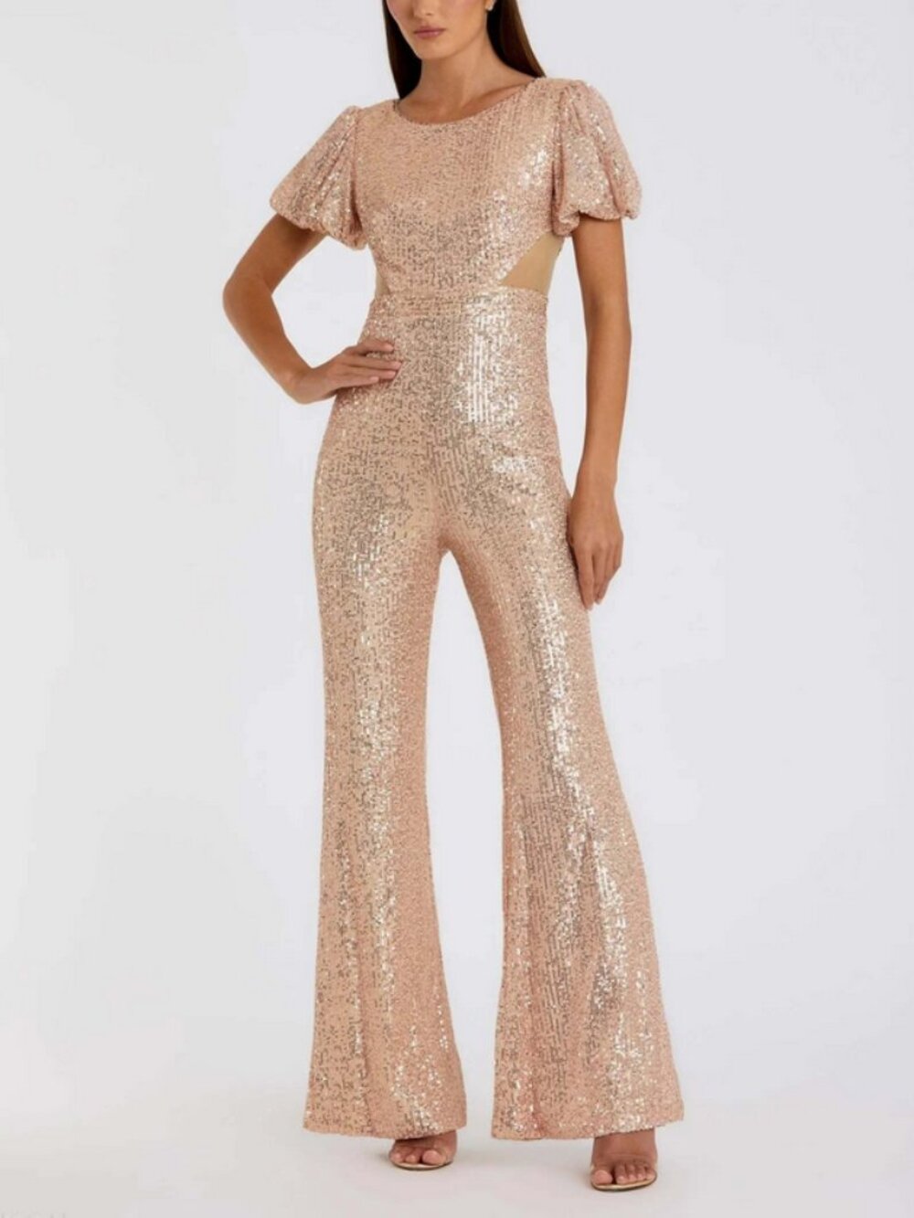 Mac Duggal Sequin Blush Jumpsuit Rose Gold Flared Leg Short Sleeve 11273 Size 4